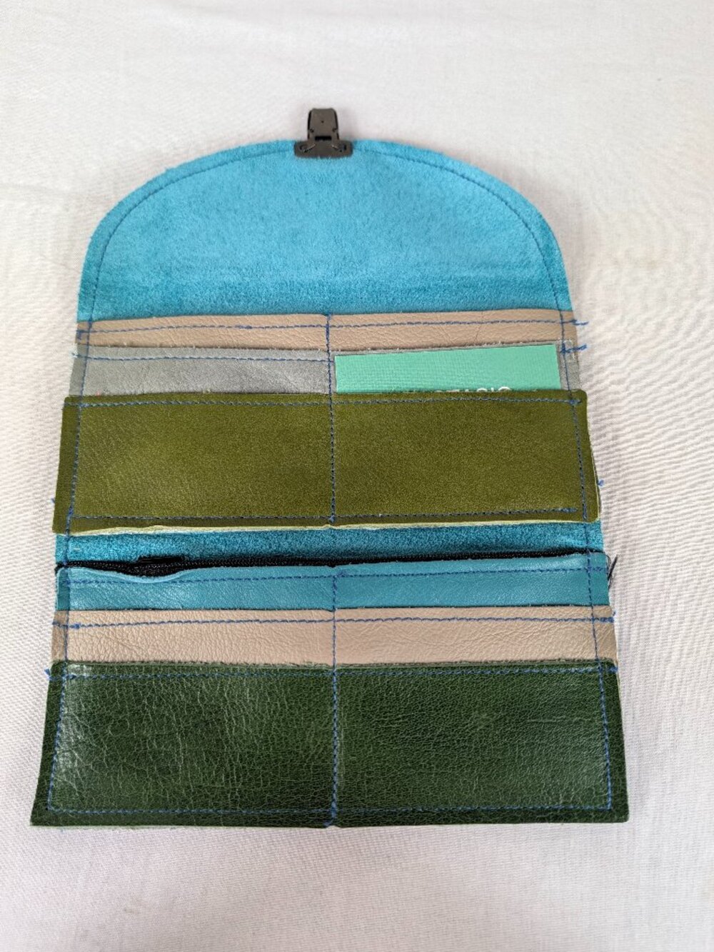 Anastasio Leather Wallet Trifold Teal Green Gray Zipper Cards Made in Spain NEW